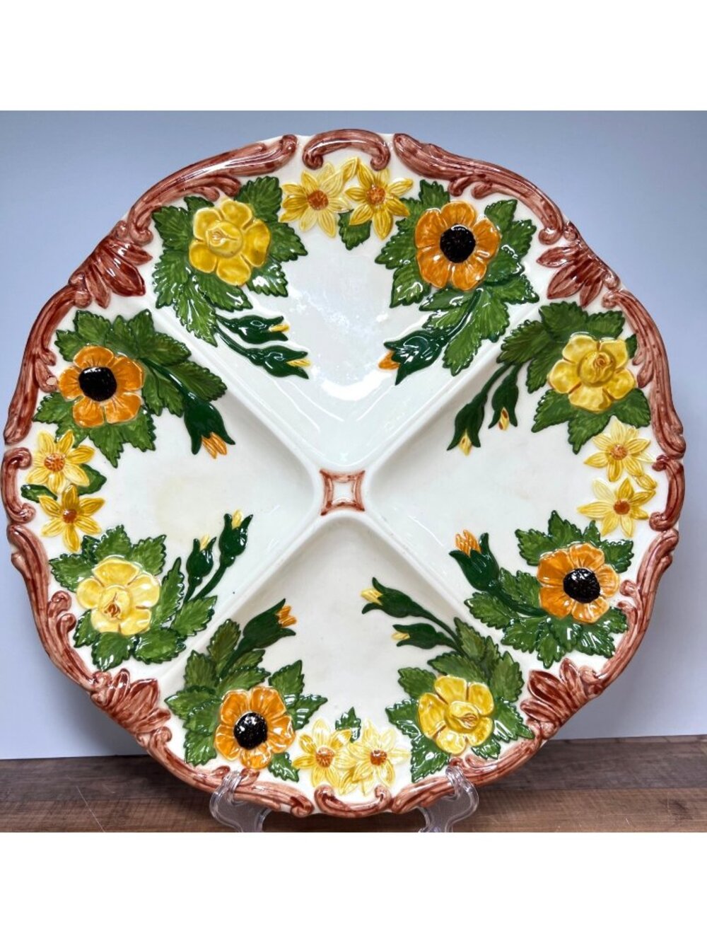 Vintage Hand-Painted Ceramic Divided Serving Plate With Floral Design